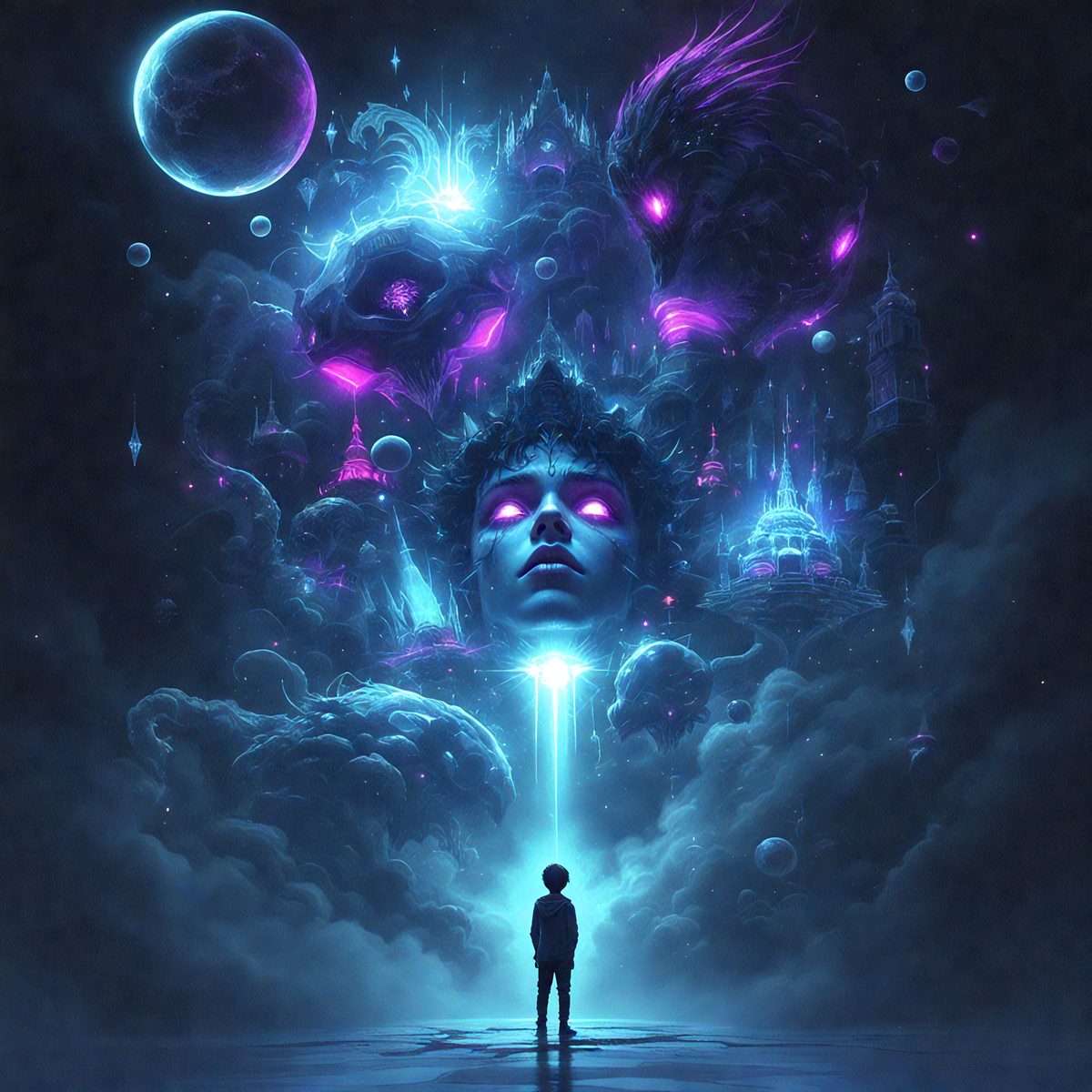 The primary subject of the image is a person, likely a boy, standing in a dark and moody environment. The setting appears to be a futuristic city with a castle-like structure in the background. The visual style of the image is digital art, with a purple and blue color scheme that adds to the overall atmosphere. The boy seems to be looking into the distance, possibly observing the futuristic city and its surroundings.